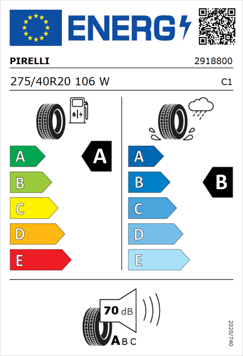Tyre Label for Pirelli P Zero 275/40R20 106W