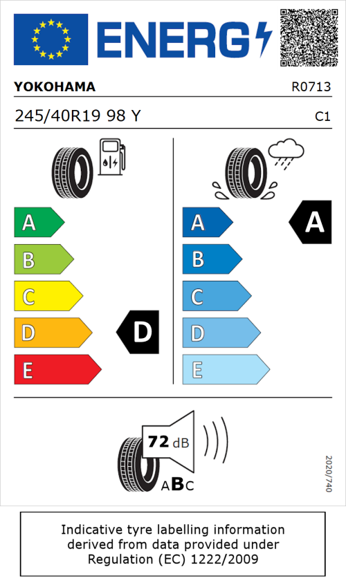 Tyre Label for Yokohama V105 245/40R19 98Y