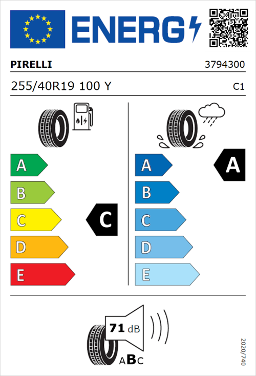 Tyre Label for Pirelli P Zero 255/40R19 100Y