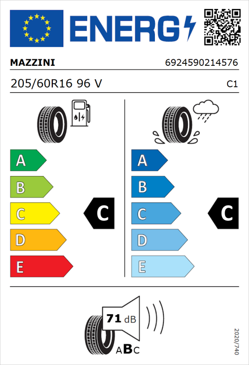 Tyre Label for Mazzini Ecosaver 205/60R16 96V