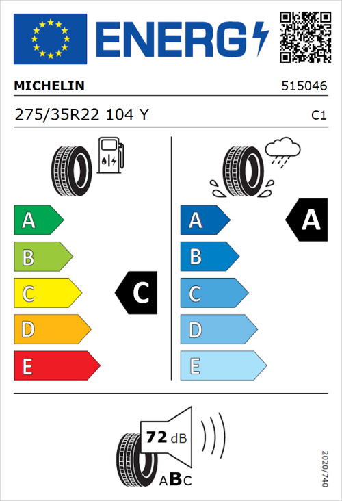 Tyre Label for Michelin Pilot Sport EV 275/35R22 104Y