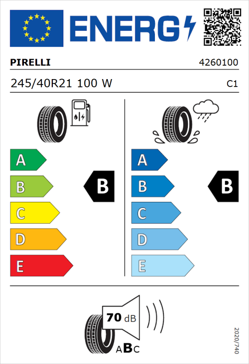 Tyre Label for Pirelli P Zero 245/40R21 100W