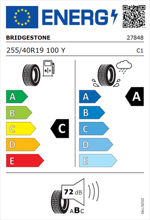Tyre Label for Bridgestone Potenza Sport 255/40R19 100Y