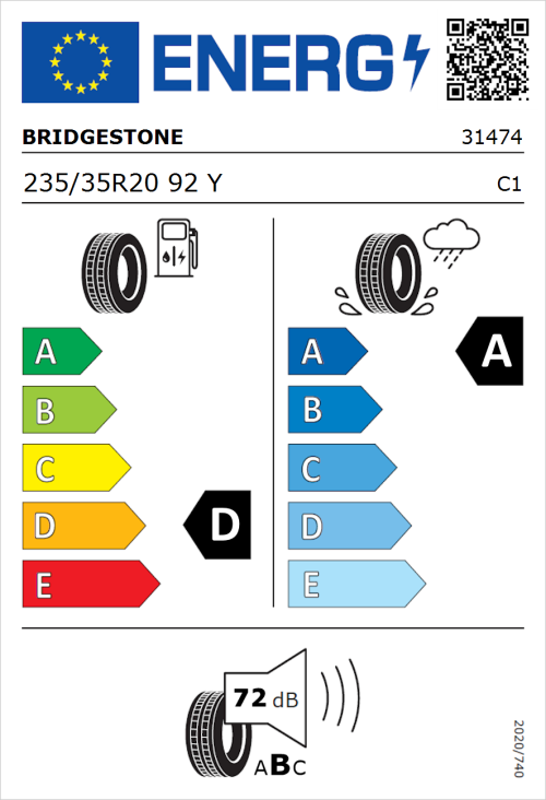 Tyre Label for Bridgestone Potenza Sport 235/35R20 92Y