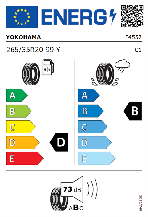 Tyre Label for Yokohama V103S 265/35R20 99Y