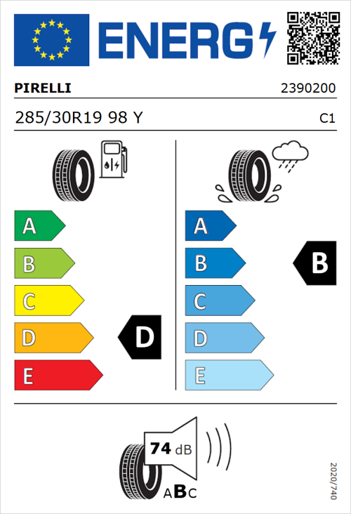 Tyre Label for Pirelli P Zero 285/30R19 98Y