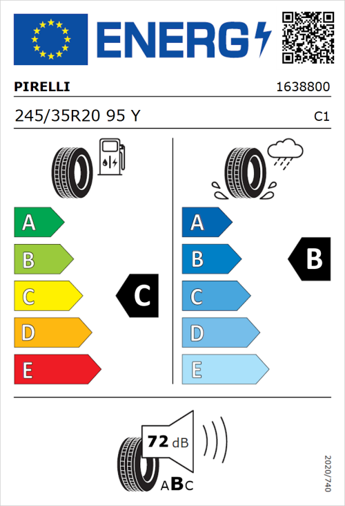 Tyre Label for Pirelli P Zero 245/35R20 95Y